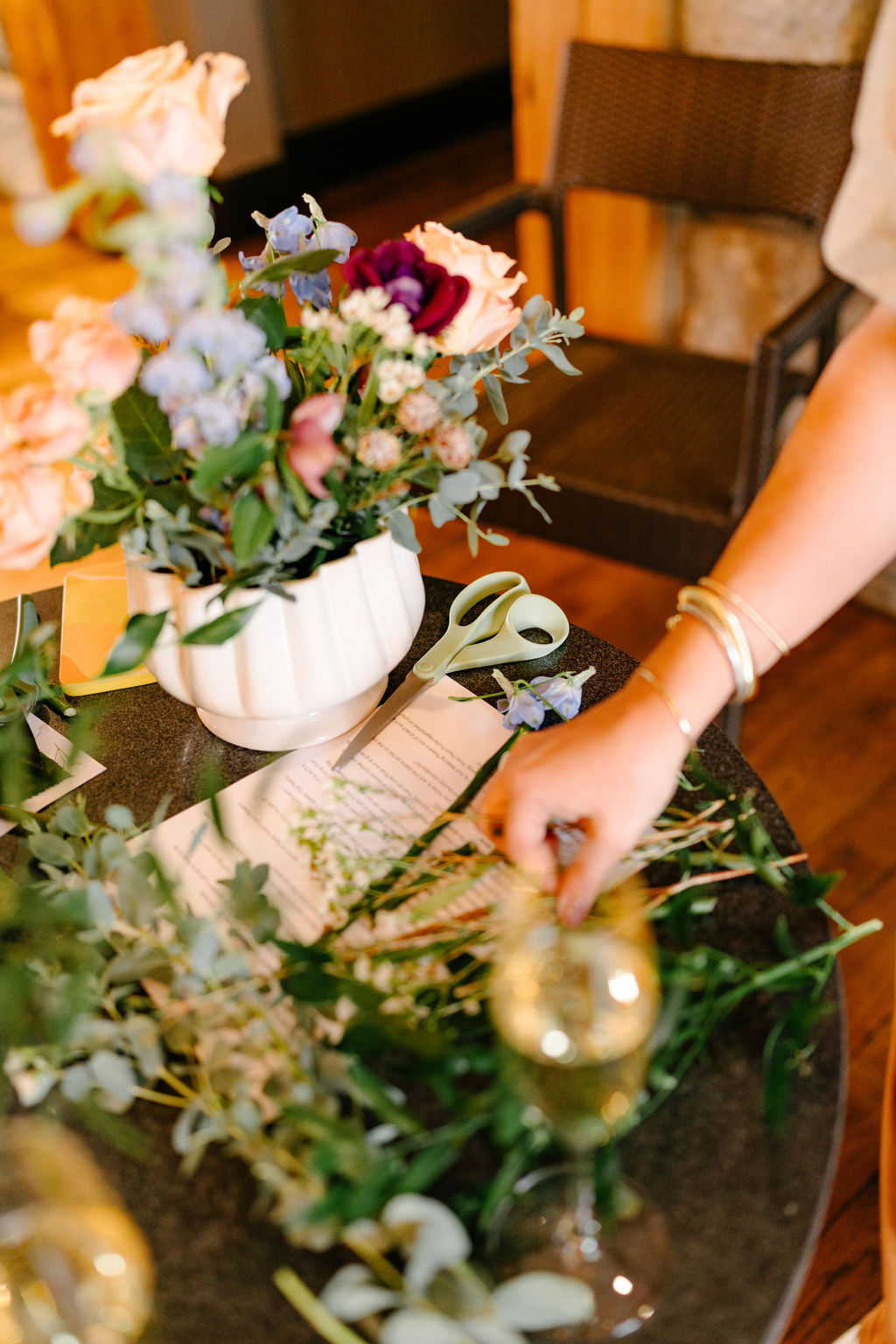 Close-up of floral arrangement in progress